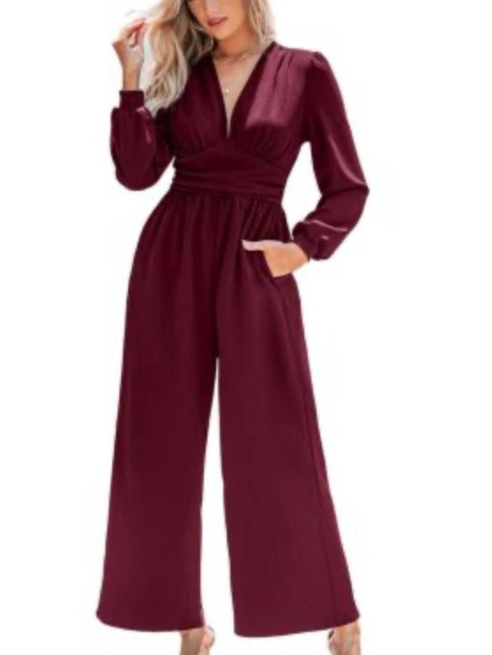 Cupshe Women's Plunging V-Neck Long Sleeve Wide-Leg Jumpsuit. SMALL